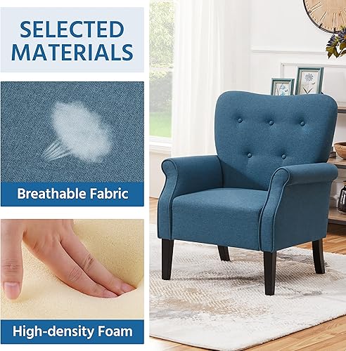 Miniatura 6 de Topeakmart Silla decorativa de tela, sillón moderno de poliéster con patas de madera, respaldo alto y cómodo asiento acolchado para sala de estar,
