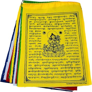 White Tara Tibetan Prayer Flags From Nepal Set of 10 Flags. Five Tibetan Traditional Colors which are Yellow, Green, red, White and Blue. Each Color Represents an Element.