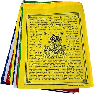 White Tara Tibetan Prayer Flags From Nepal Set of 10 Flags. Five Tibetan Traditional Colors which are Yellow, Green, red, White and Blue. Each Color Represents an Element.