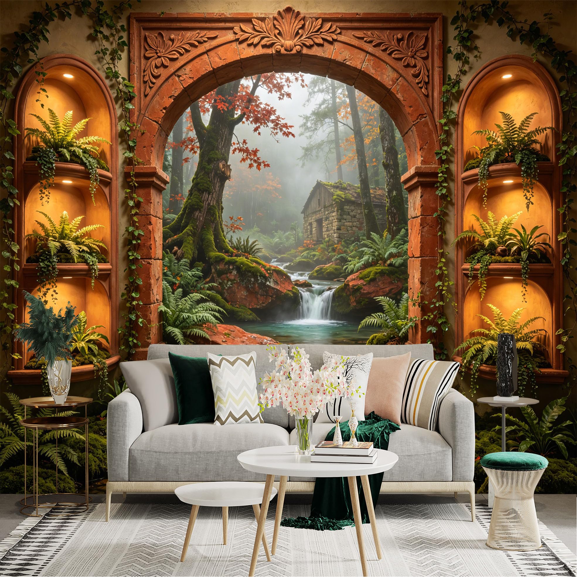 Custom Size Wall Sticker Mural， Enchanted Forest with Stone Cabin， Waterfall and Lush Green Ferns， for wall Decoration， peelandstick wall Decals.