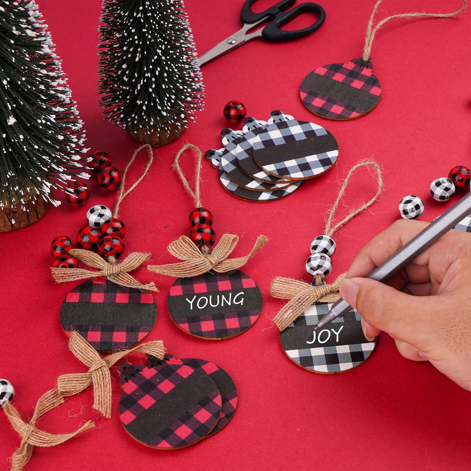 12 Pieces Christmas Stocking Name Tags Christmas Decorations for Tree Buffalo Plaid Hanging Wood Ornament Rustic Christmas Ornaments with Bead and Bow for DIY Christmas Farmhouse Decor - Image 3