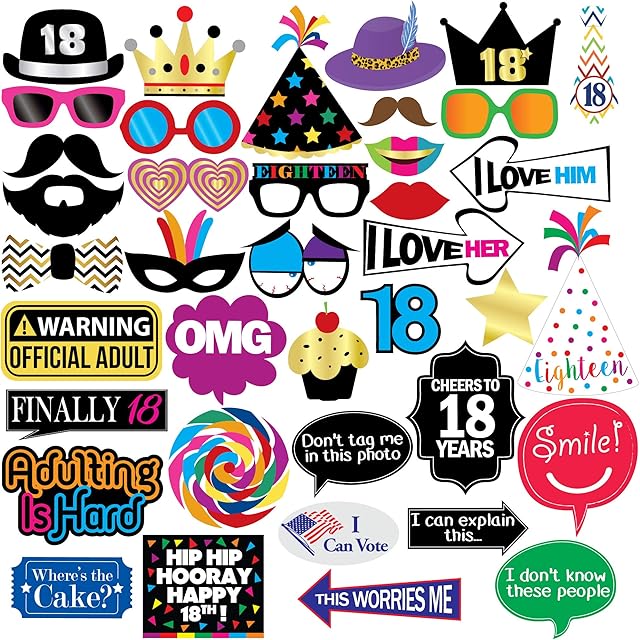 18th Birthday Photo Booth Party Props - 40 Pieces - Funny 18th Birthday Party Supplies, Decorations and Favors