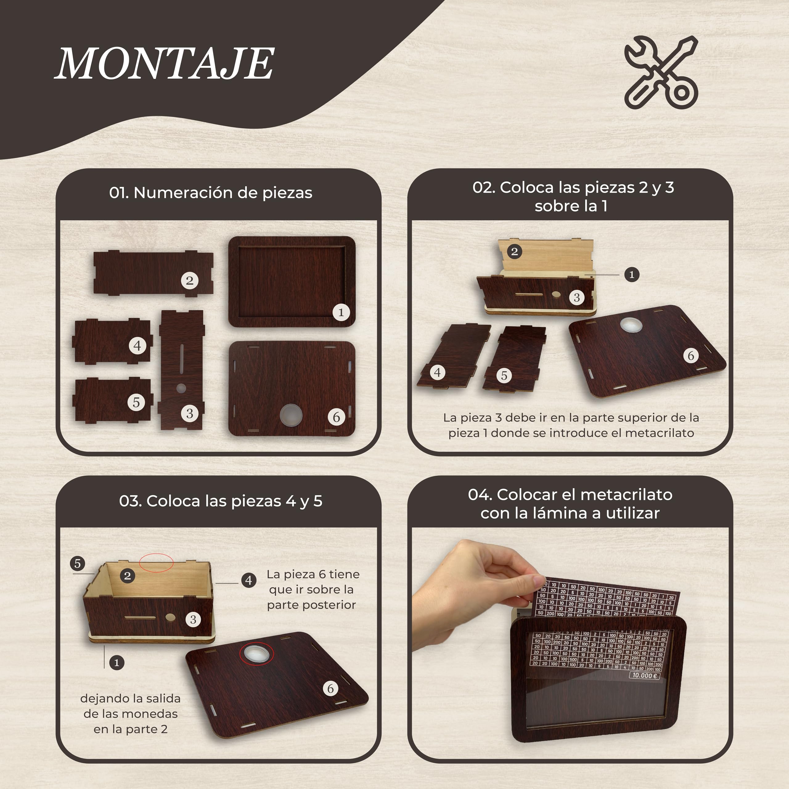 FURVELO Hucha De Madera Con Contador Y Paneles Reutilizables – Huchas Originales Para Adultos Y Niños – Hucha Ahorro Con Rotulador, Metacrilato Y Objetivo Personal – Alcancia Para Adultos Decorativa