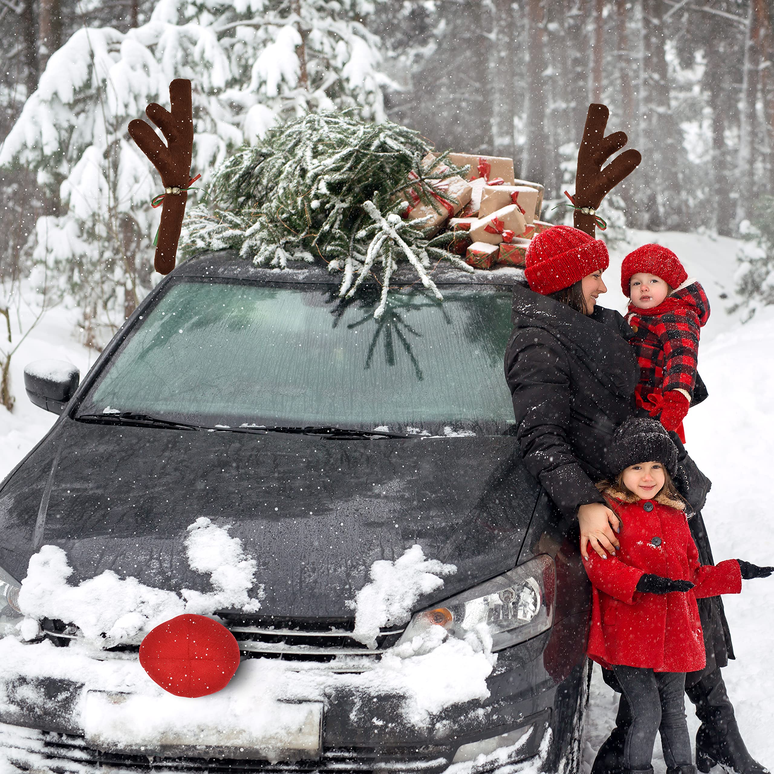 EcoNour Car Reindeer Antlers for Christmas | X-mas Car Decoration Kit with Reindeer Antler, Jingle Bells & Nose | Rudolph Car Kit as Christmas Car Setup and Holiday Accessories Decoration