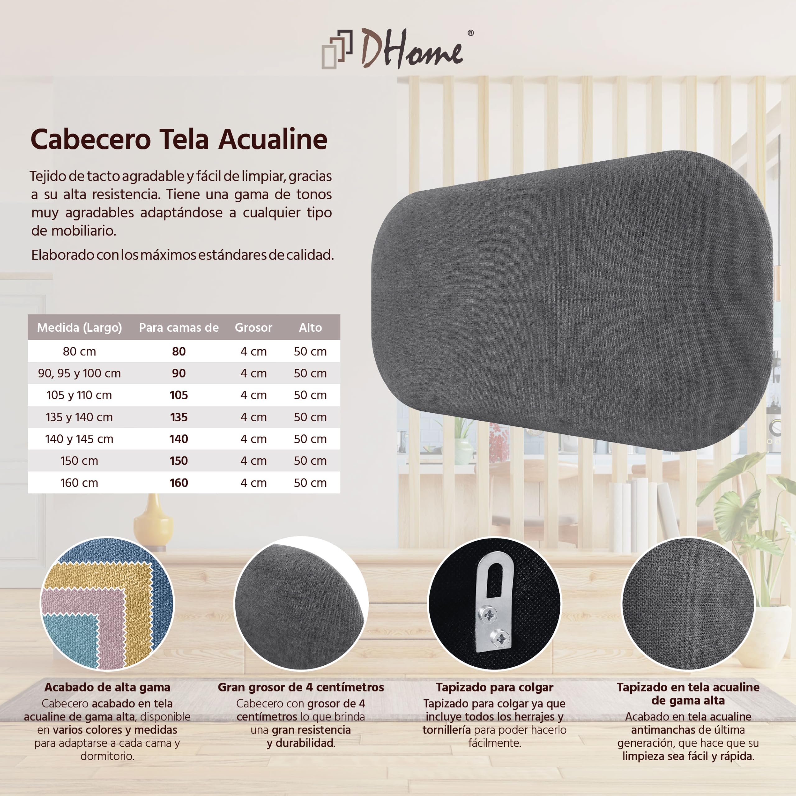 DHOME Cabecero Tapizado Curvo Liso Tela Aqualine 50cm Altura para Pared Acústicos Cabeceros Absorbentes Cabezal Cama Dormitorio (Gris Ceniza, 105cm)