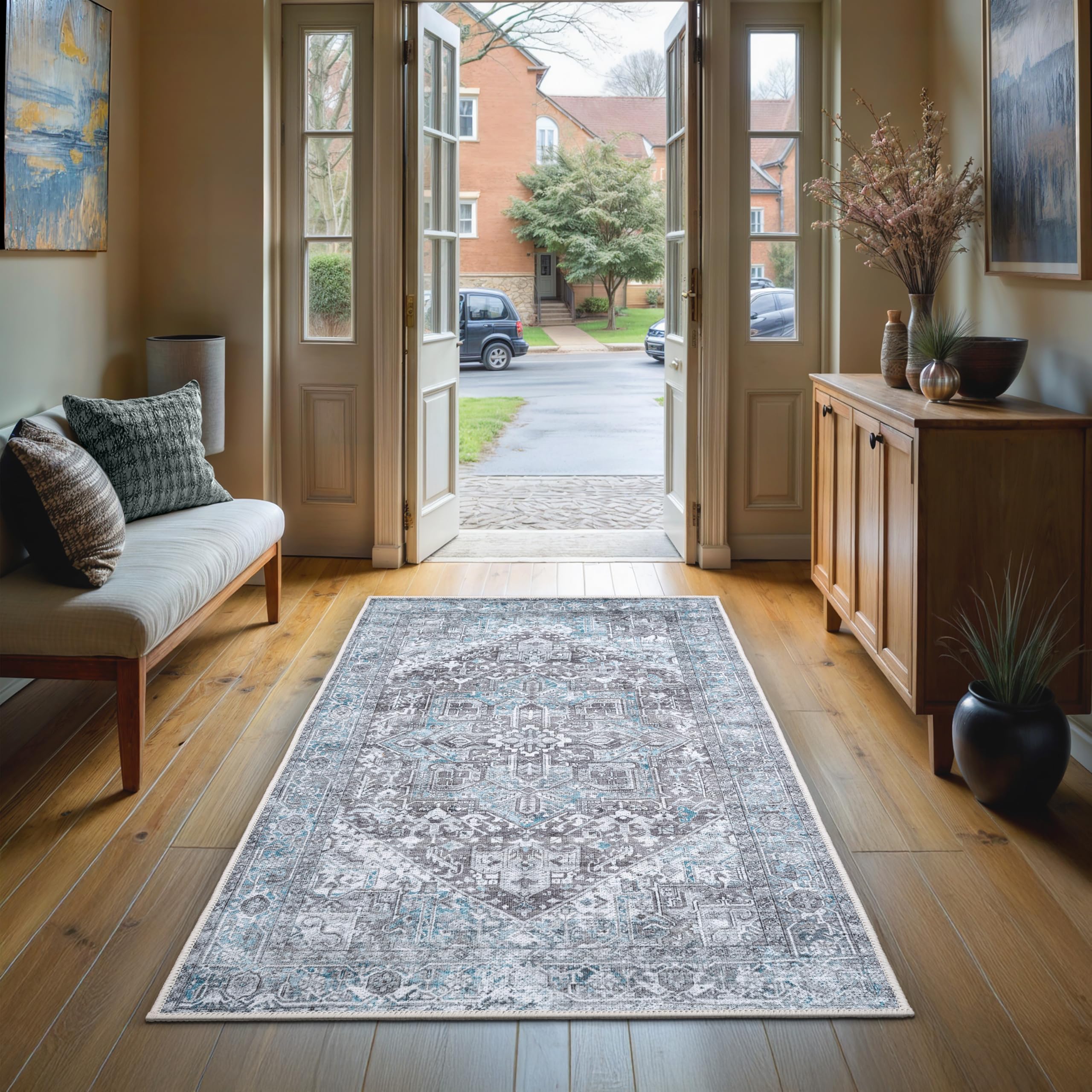 GLN Rugs Vintage Collection - Machine Washable Area Rug, Vintage Washable, Non Slip, Low Pile Rug, Living Room, Bedroom, Bathroom Rug - Easy Clean (
