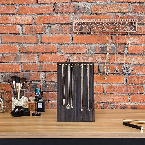 Miniatura 3 de MyGift Soporte para múltiples collares de madera maciza marrón rústico de 12 pulgadas, soporte de joyería independiente con 11 ganchos de clavija de