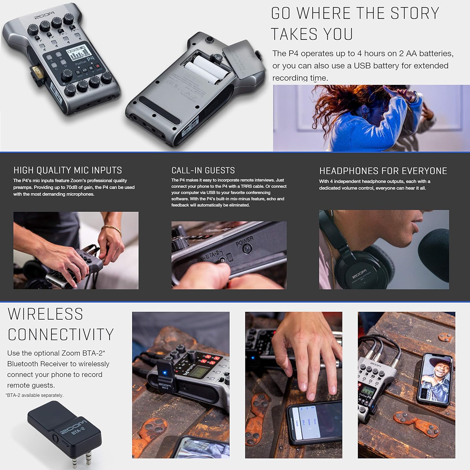 Zoom PodTrak P4 Portable Multitrack Podcast Recorder + 64GB SDXC Memory Card + Dynamic Cardioid Handheld Mic (3-Pack) with Carrying Case + 3X Stereo Headphones + 3X Mic Stand + Batteries and Charger