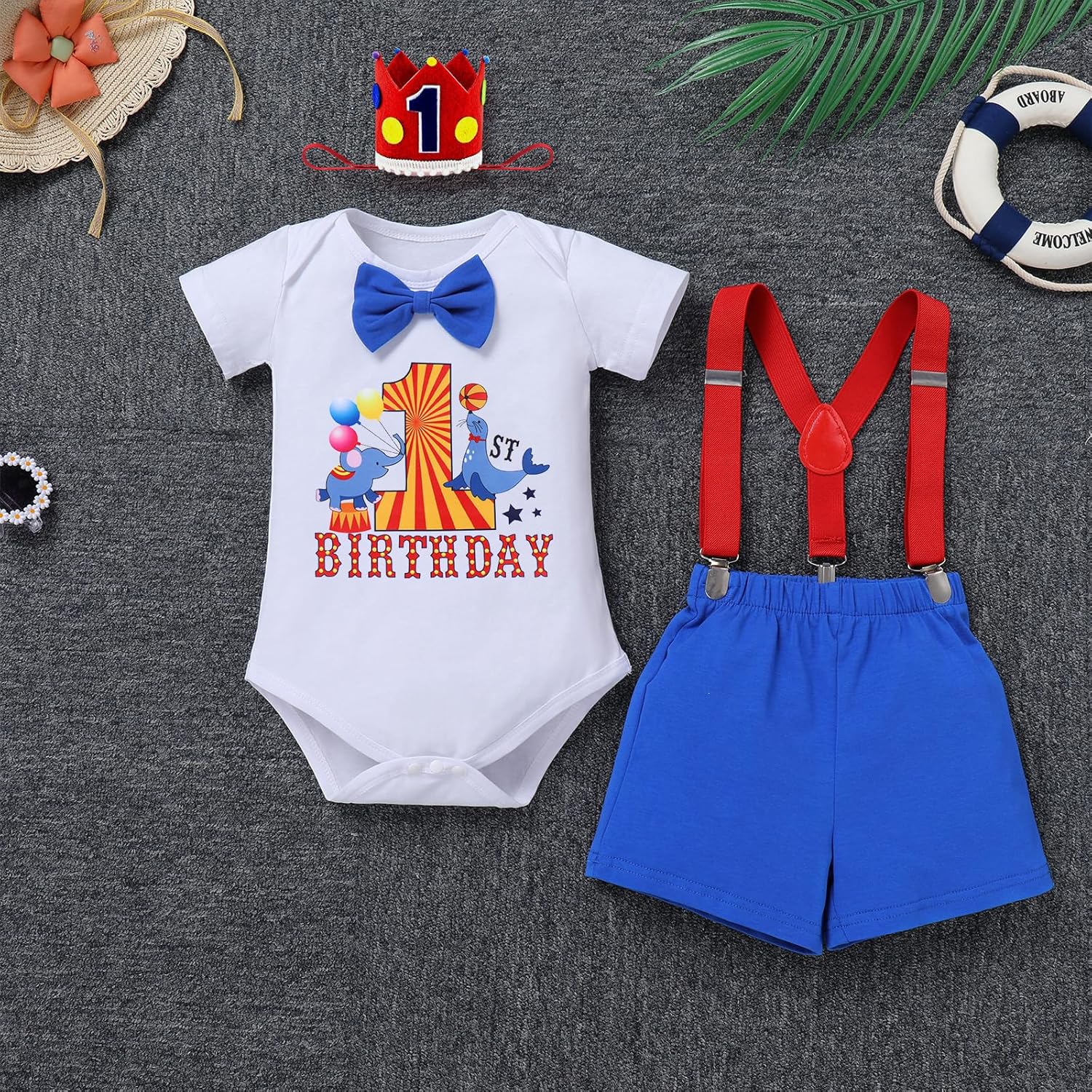 IBTOM CASTLE Baby Boy Circus Carnival First Birthday Outfit Clown Romper Bodysuit Shorts Crown Cake Smash Clothes Set - Image 3
