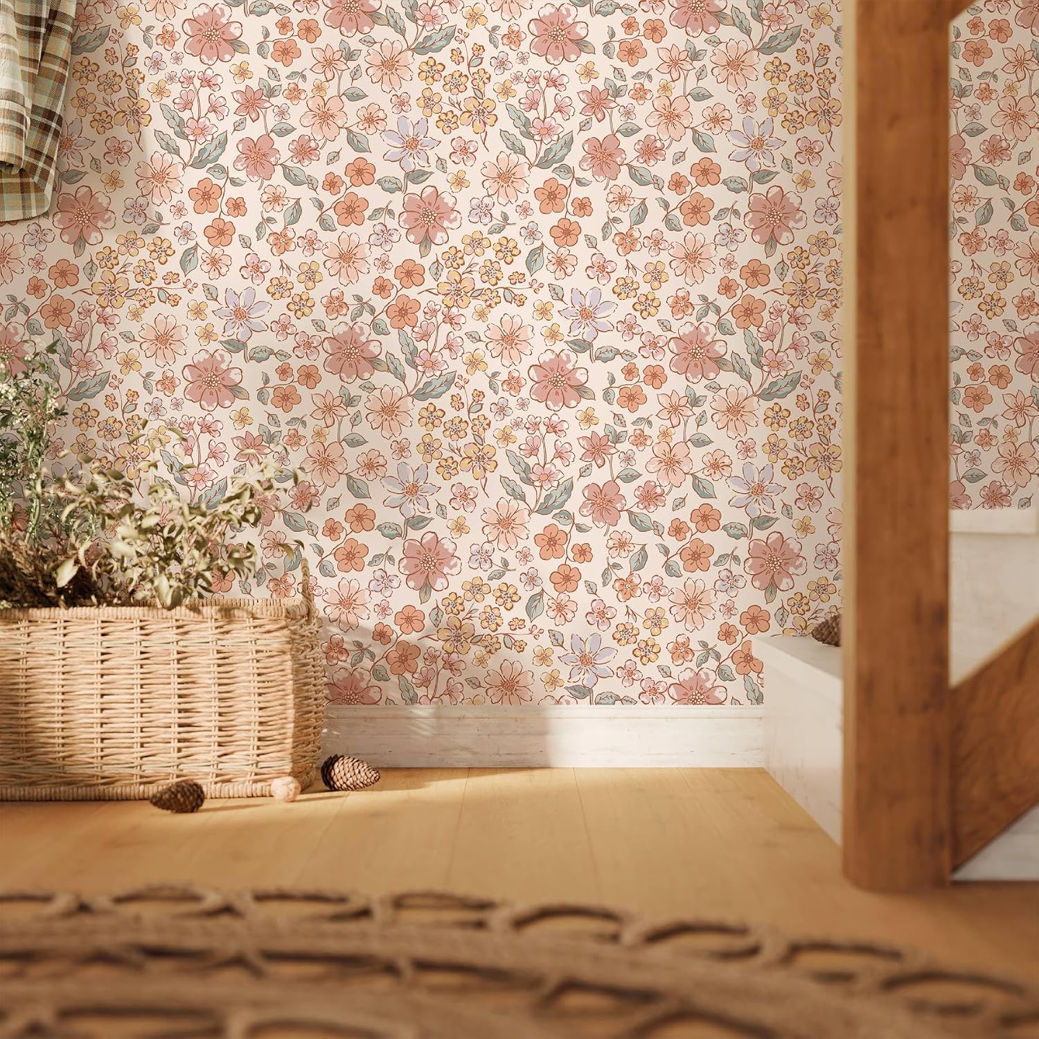 Vintage Pink Floral Wallpaper Peel and Stick Wall Paper Blossom Renter Friendly Self Adhesive Contact Paper for Kid's Bedroom Wall Decor 17.7"x118"