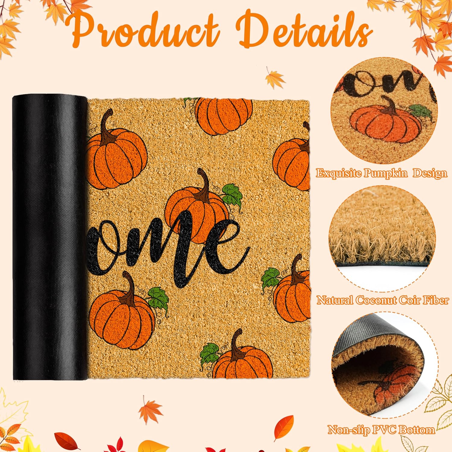 2 Pcs Fall Door Mat Combo Set - 17 x 30 Inch Pumpkin Welcome Coir Non Slip Doormat & 28 x 43 Inch Buffalo Plaid Floor Rug for Thanksgiving Indoor Outdoor Front Porch Entryway Decor (Pumpkin)