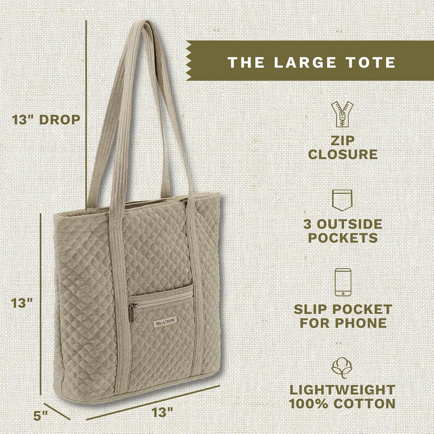 Bella Taylor Large Tote | Lightweight Quilted Fabric Tote Bags for Women - Image 3