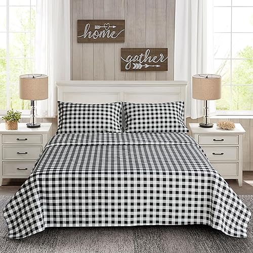 Miniatura 4 de Virah Bella Juego de sábanas de 4 piezas tamaño King, diseño a cuadros de búfalo blanco y negro, ropa de cama con temática de cabaña