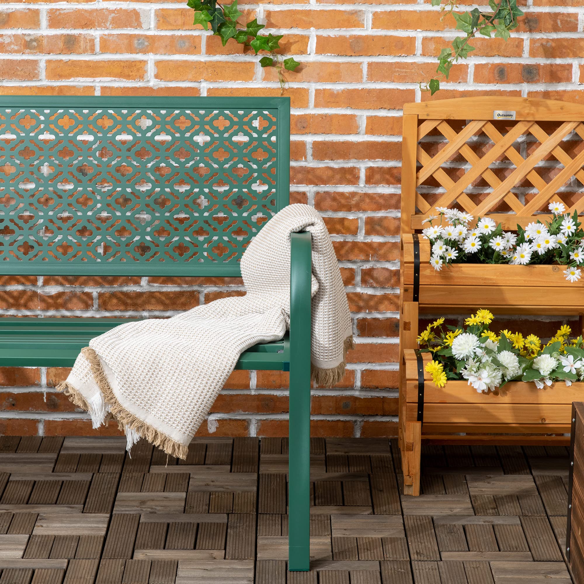 Outsunny Banc de Jardin, Banc extérieur Jardin en Acier, avec Dossier à Motif Floral, accoudoirs, pour 2 Personnes, pour Jardin, Balcon, Charge Max. 240 kg, Vert foncé