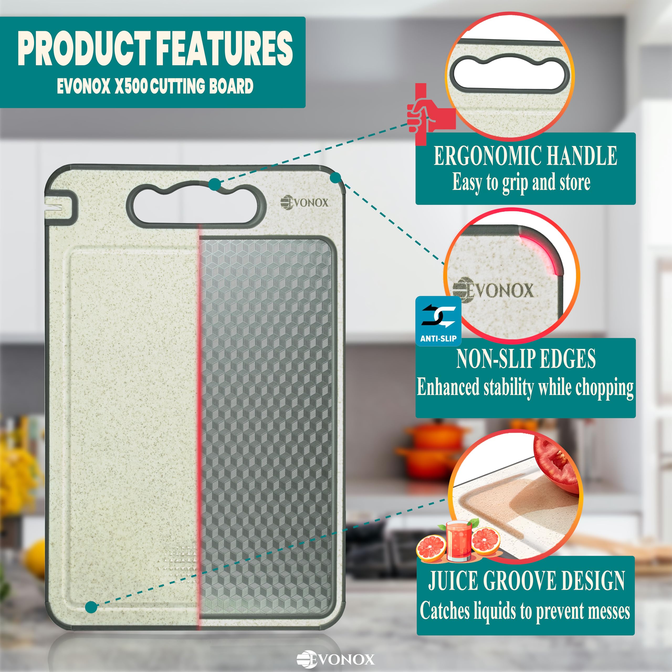 EVONOX Tablas de cortar de acero inoxidable para cocina, de doble cara, ligeras, aptas para lavavajillas, fáciles de limpiar, no tóxicas, bordes antideslizantes, tabla de cortar grande de paja de