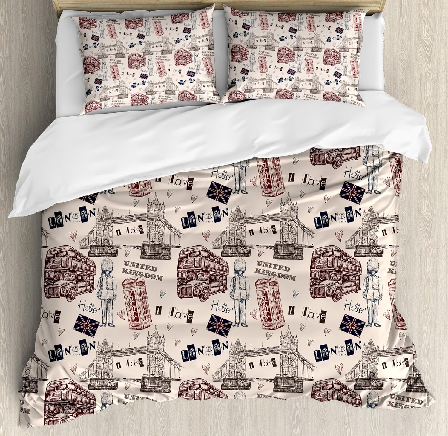 Ambesonne Modern Duvet Cover Set, London United Kingdom Island Print with City Signs Bus Bridge Artwork Print, Decorative 3 Piece Bedding Set with 2 Pillow Shams, King Size, Maroon Black