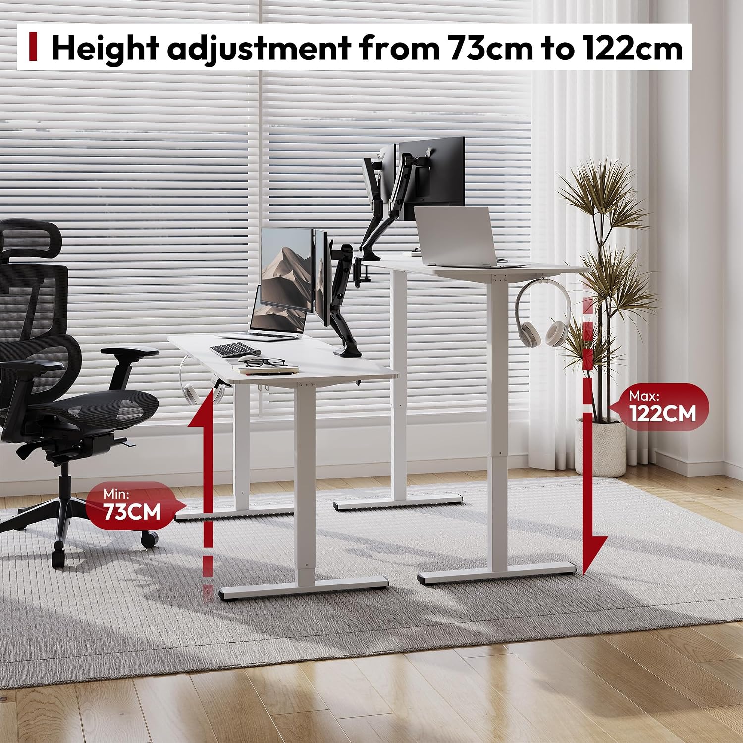 Image showing the height adjustment range of the SANODESK Q1 from 73cm minimum to 122cm maximum.