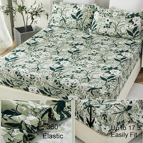 Miniatura 8 de Helthep Sábanas de cama 100% algodón con estampado floral verde, juego de sábanas tamaño King con bolsillo profundo de 17.5 pulgadas, 4 sábanas con