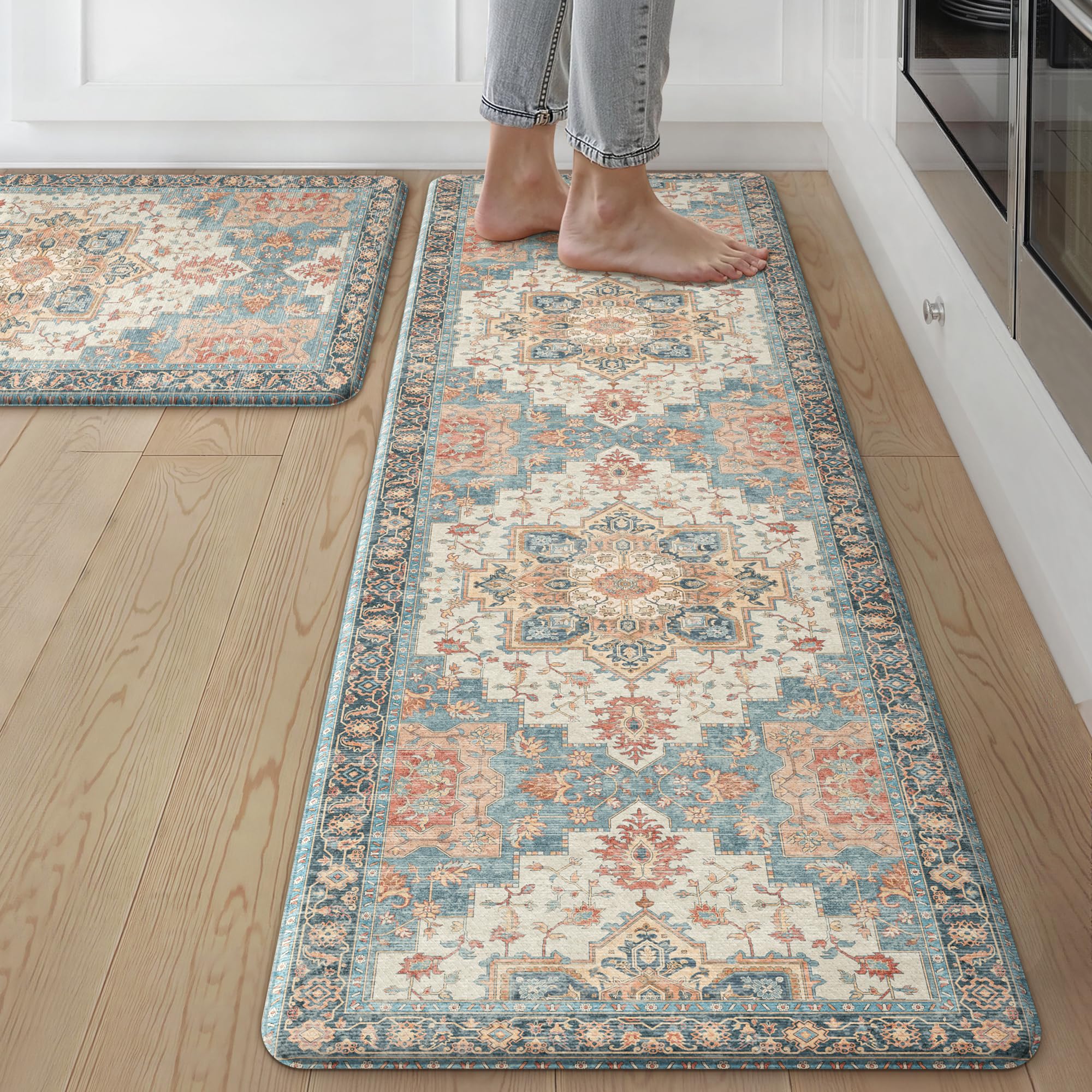 GENIMO Anti Fatigue Kitchen Mats for Floor 2PCS, Standing Rugs,BlueCoral