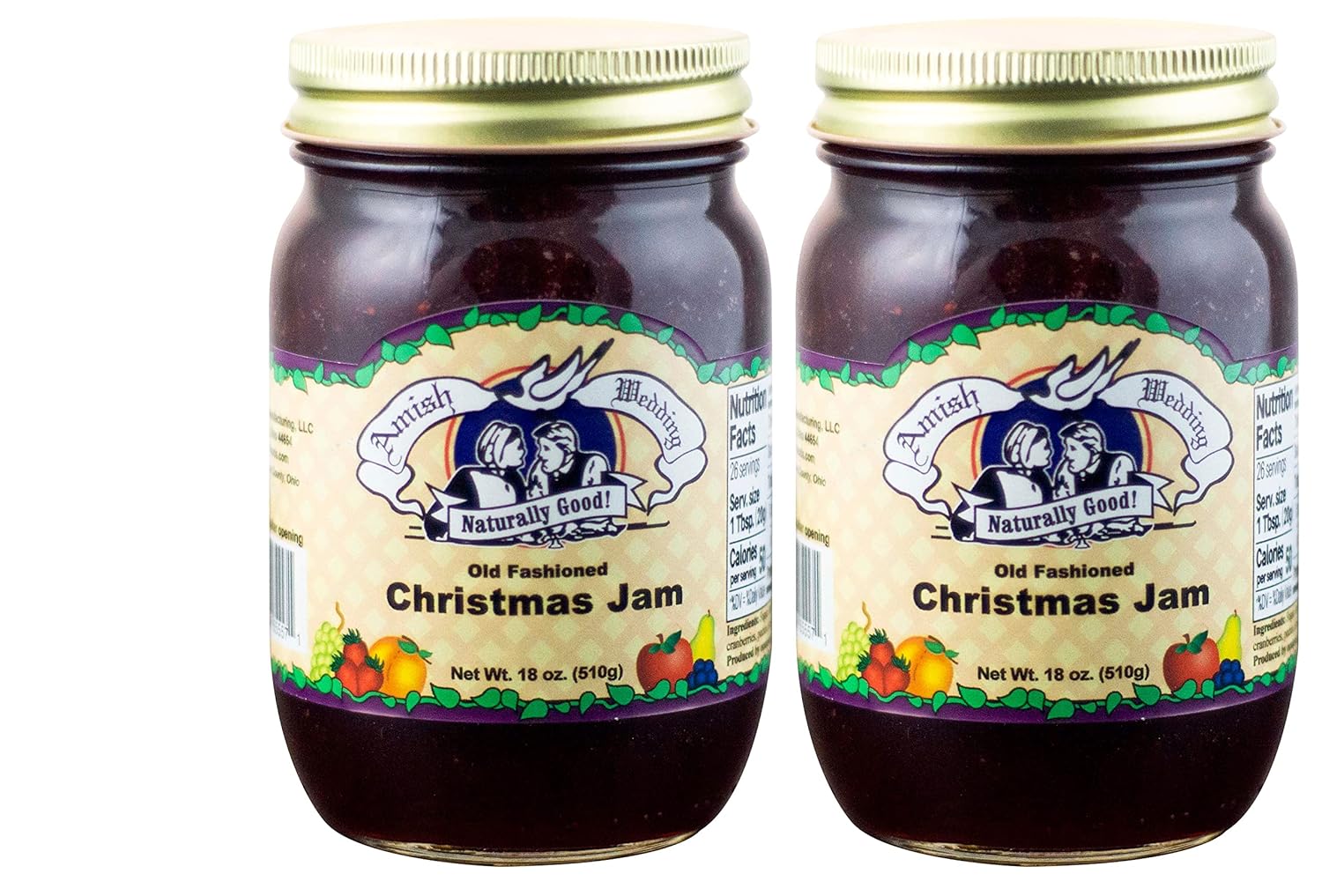 Amish Wedding Old Fashioned Christmas (Cranberries & Strawberries) Jam, TWO 18 oz. Jars