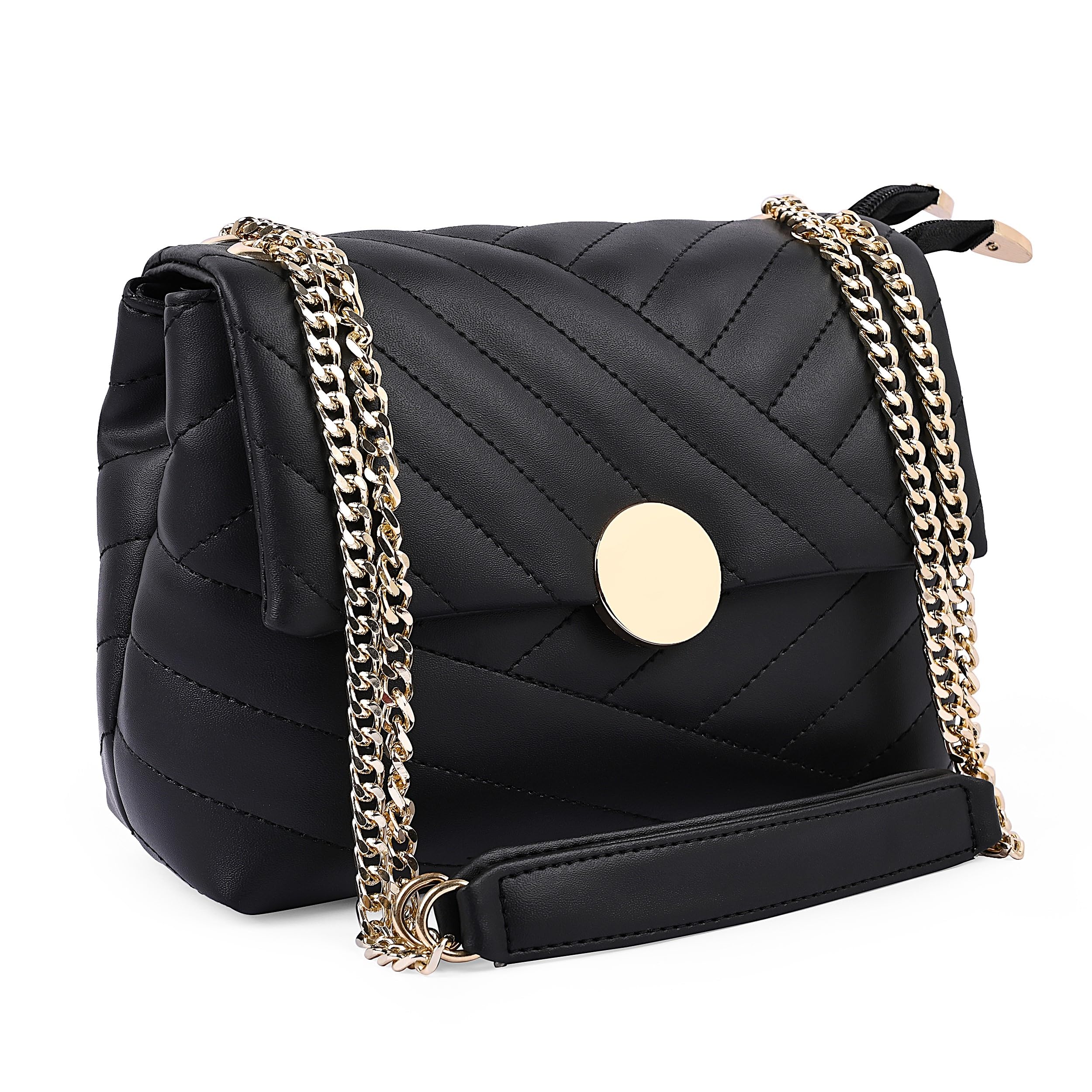 ADISA Womens Girls Quilted Cross Body Sling Bag with Gold Chain (SL5136_Black) (B0D6X5VQ3K) Amazon Price History, Amazon Price Tracker