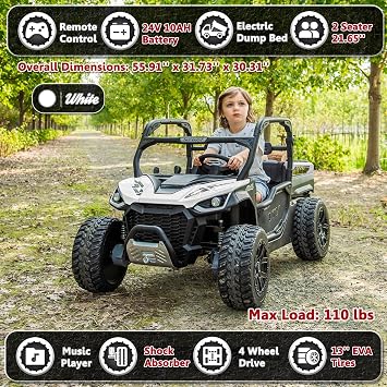 2 Seater 24V 10Ah Kids UTV Ride On Dump Truck with EVA Tires Ride on Toys for Big Kids with Remote Control 4WD Ride on Car Side by Side Truck with Electric Dump Bed, Music, Shovel, White