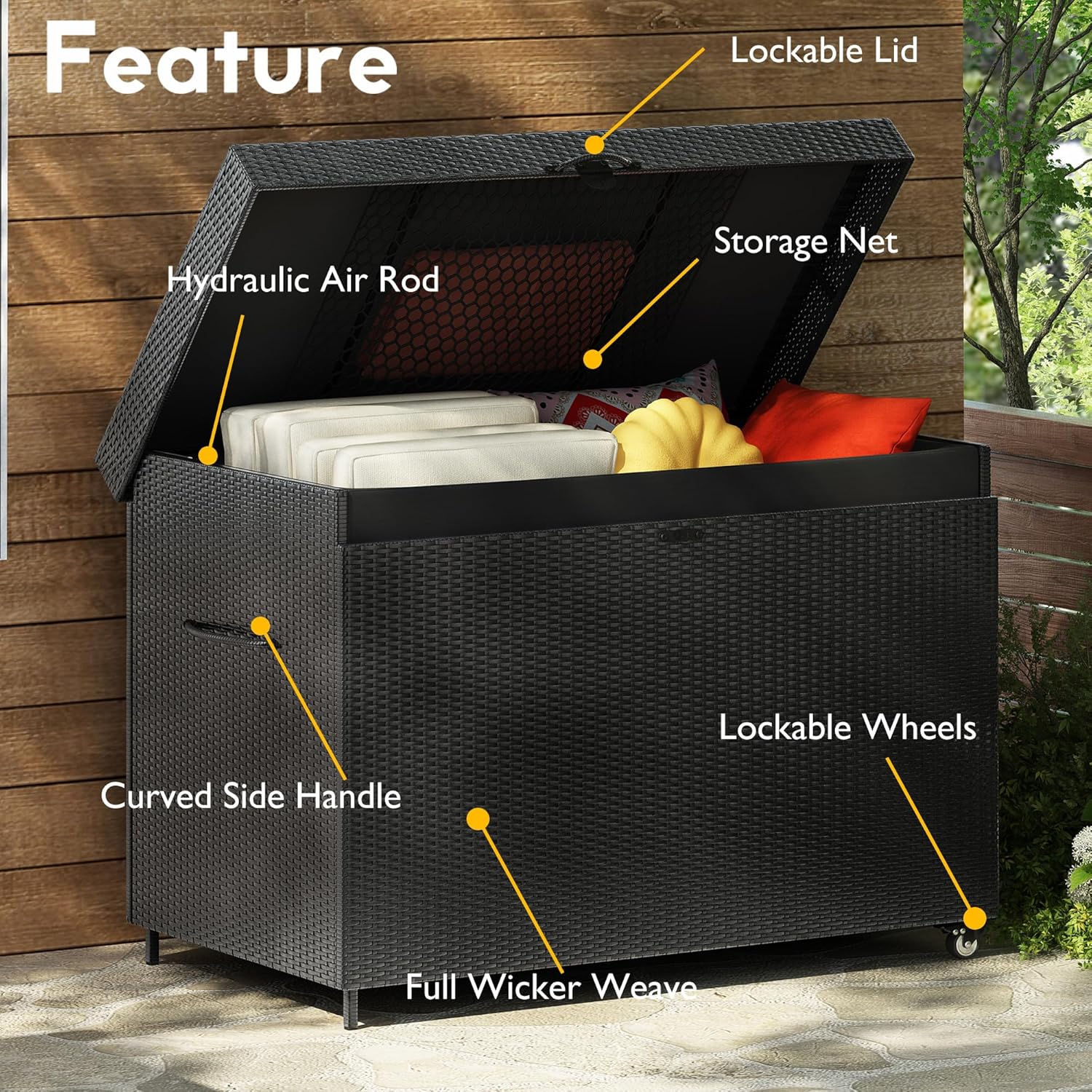 Outdoor Wicker Deck Box with Lockable Wheels, All-Weather Waterproof Storage Box，Rattan Storage Bin for Patio Furniture, Outdoor Cushions, Pool Supplies Storage & Garden Tools (Black, 230 Gallon)