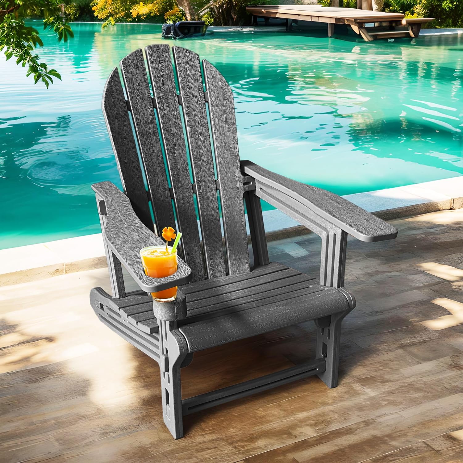 Adirondack Chair with Cup Holder,Tool-Free Assembly,No Screws Needed,All-Weather HDPE Plastic Outdoor Patio Chair,Wood-Grain Slatted Look,Easy to Take Apart for Storage,Fire Pit Chairs(Classic Black)