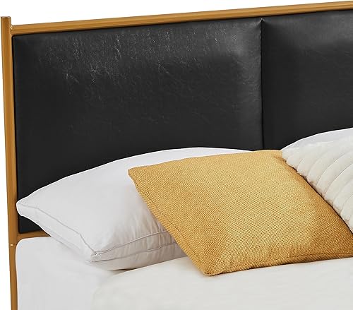 Miniatura 3 de Marco de cama de plataforma de metal, soporte de listones de madera, no necesita somier, fácil montaje, negro, tamaño matrimonial