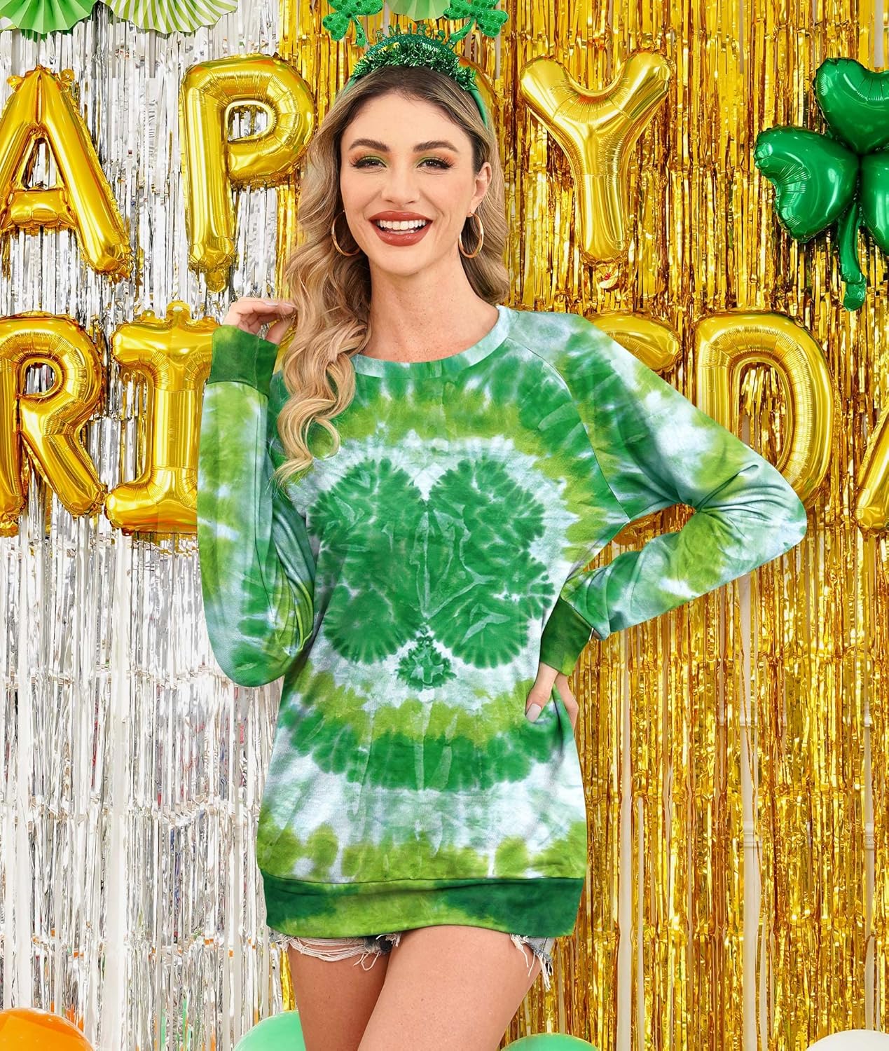 For G and PL St. Patrick's Day Womens Irish Shamrock Print Tie Dye Sweatshirt - Image 7