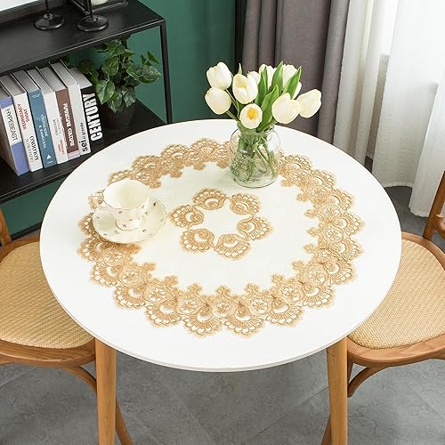Miniatura 2 de Mantel redondo pequeño de encaje, mantel bordado de granja con borde de macramé para tocador, boda, fiesta, mantel individual dorado, 24 pulgadas