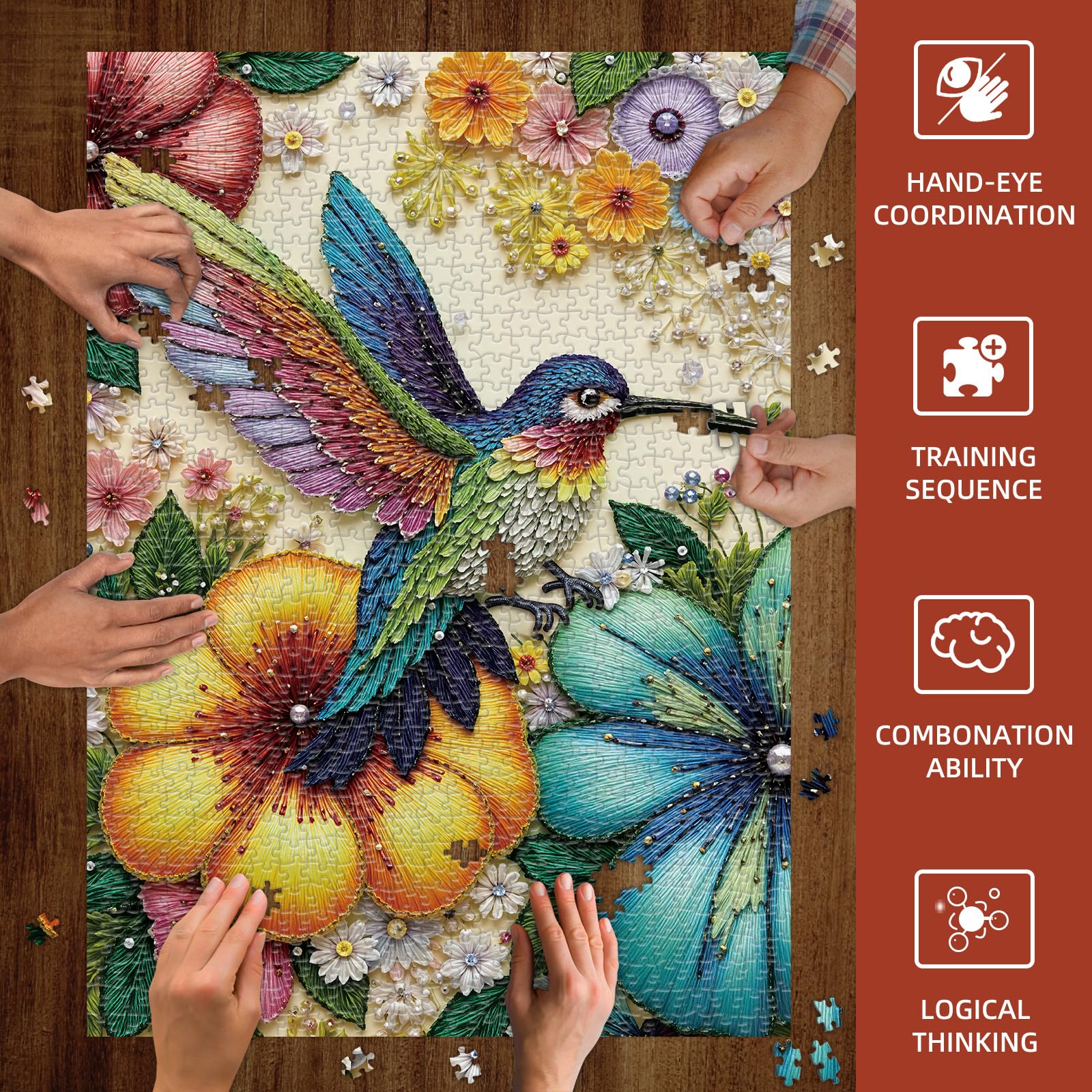 Sutinban Jigsaw Puzzle for Adult 1000 Piece Puzzles Beaded Hummingbird with Flowers Challenging Jigsaw Puzzles for Adults Gift Home Decor 70 * 50cm - Image 3