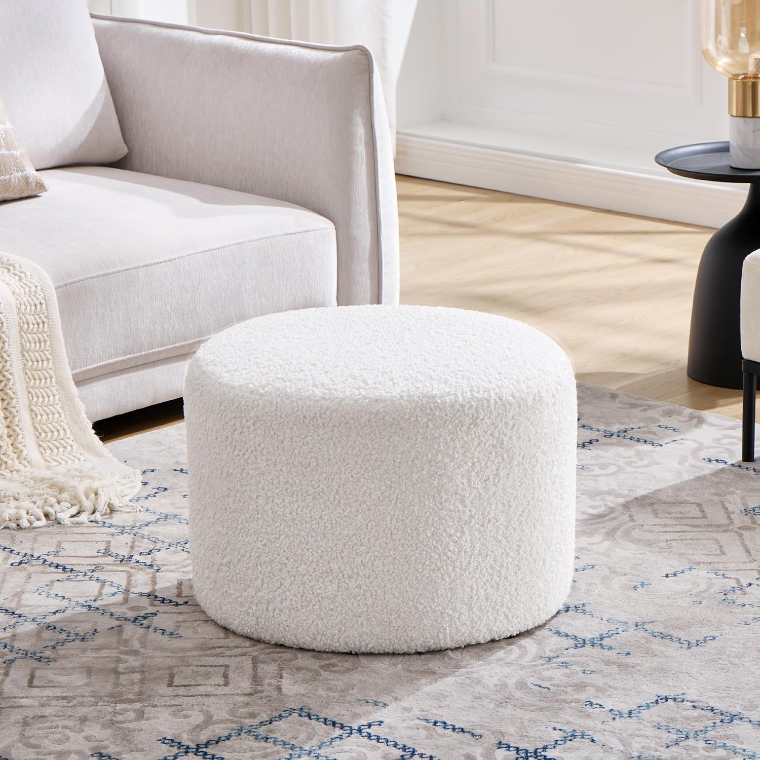 Upholstered Round Ottoman Set of 2, Modern Small Footstool with Soft Padded Seat & Solid Wood Frame, Multifunctional Vanity Stool Accent Seat for Living Room, Bedroom and Entryway, White Sherpa