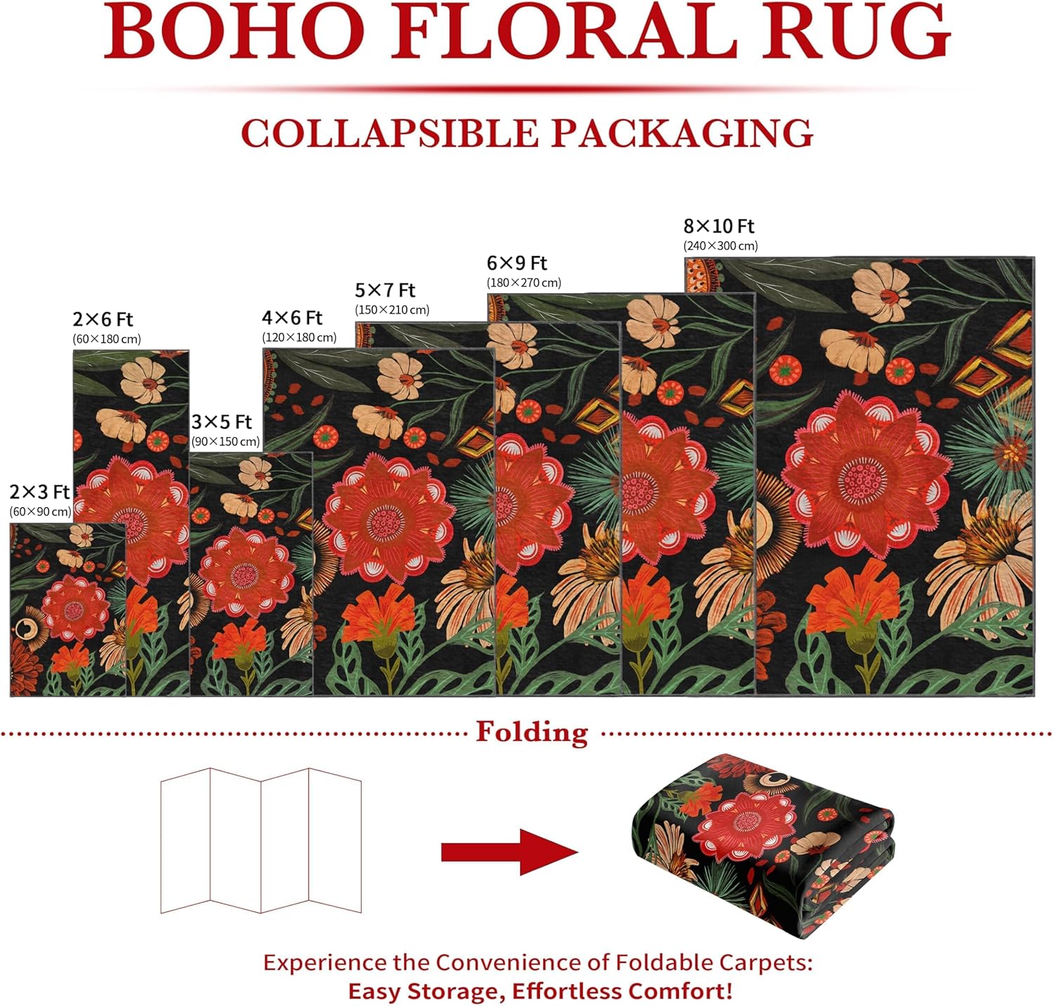 Black Boho Floral Bedoom Rugs Washable 5x7 Area Rug for Living Room Non Slip Soft Mid Century Modern Accent Rugs Farmhouse Abstract Botanical Floor Carpet for Dining Room Kids Playroom