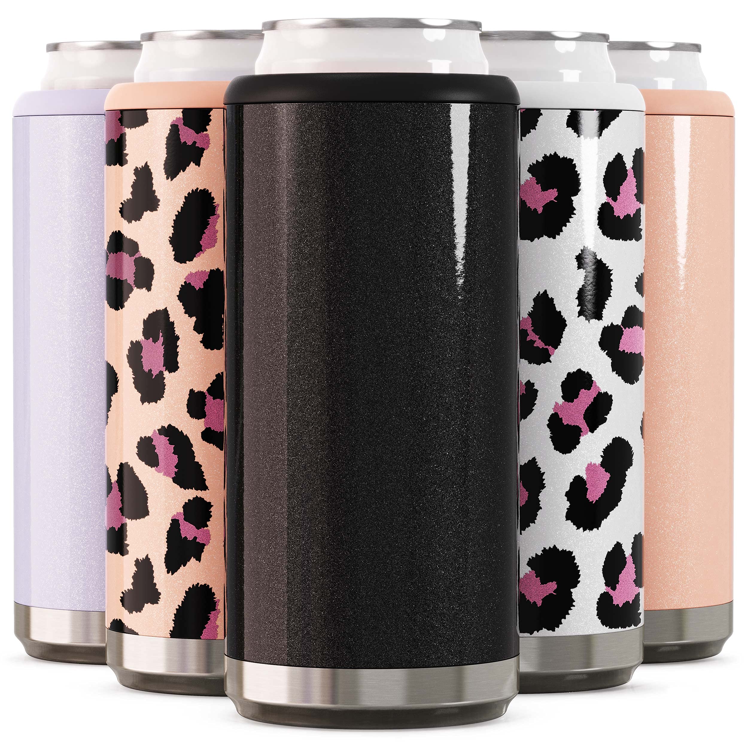 Maars Skinny Can Cooler for Slim Beer & Hard Seltzer | Stainless Steel 12oz Sleeve, Double Wall Vacuum Insulated Drink Holder - Glitter Black, 4 Pack
