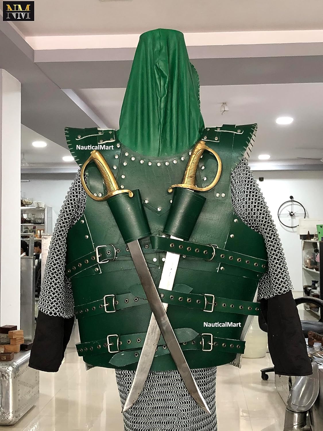 NauticalMart Medieval Leather Breastplate with Hood Viking Chest Armour Cosplay & LARP Halloween Wearable Costume Men's Knight Armor (Green)