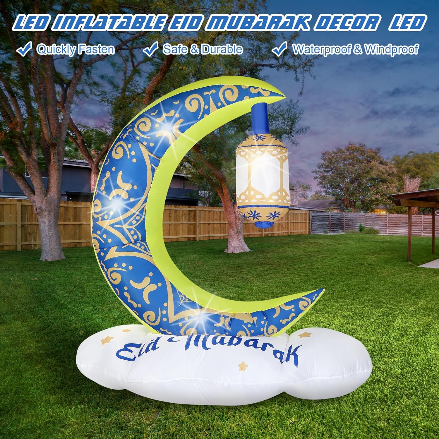 7 Ft Lighted Inflatable Ramadan Eid Mubarak Moon Decoration Blow up Islamic Holy Celebration Decor with LED Lights Islamic Moon Wishing Kareem Muslim Holidays for Outdoor Yard Garden Decor