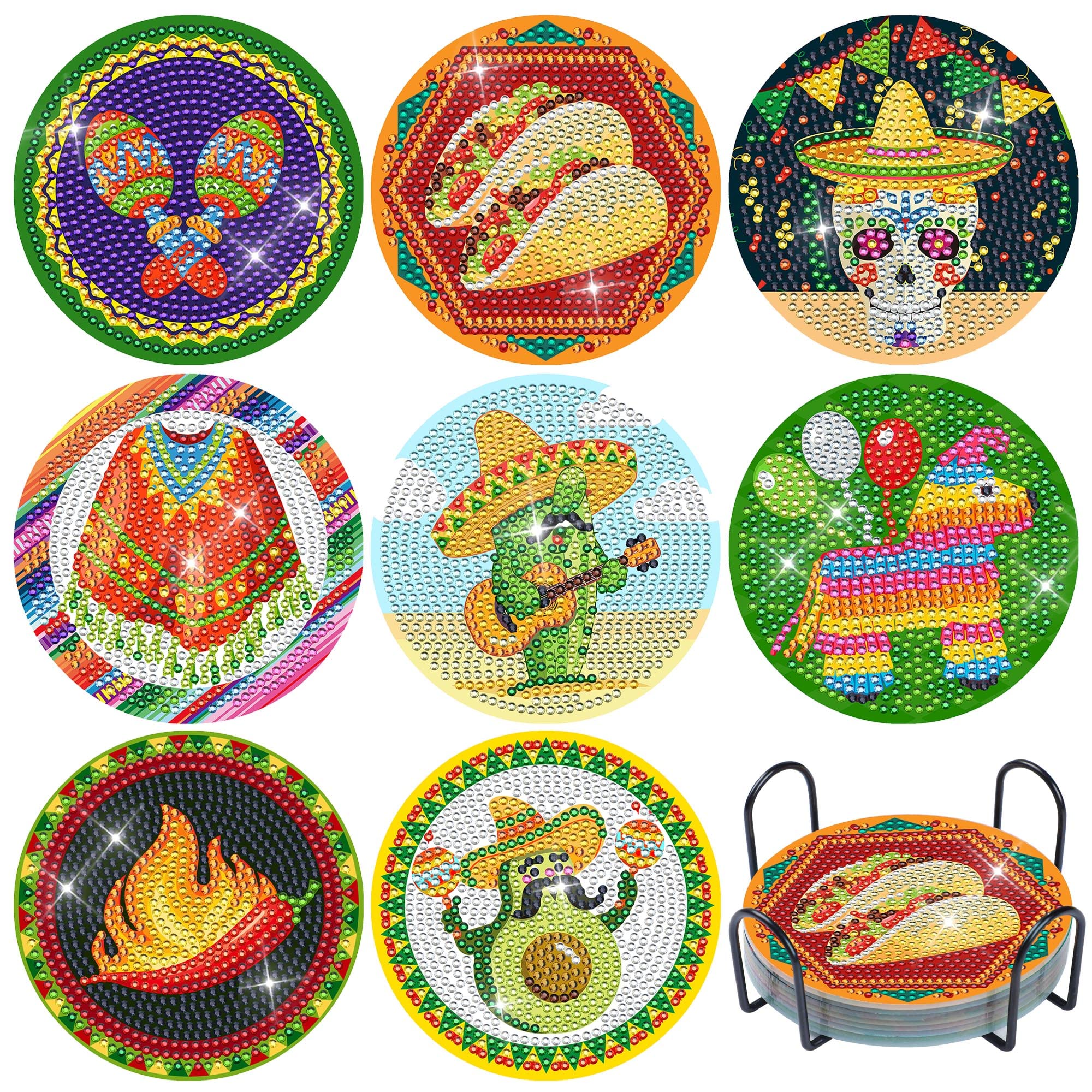 Abiyou Set De 8 Posavasos De Pintura De Diamantes Con Soporte – Arte DIY Con Diamantes, Antideslizante Y Protector Para Tazas, Vasos Y Jarrones