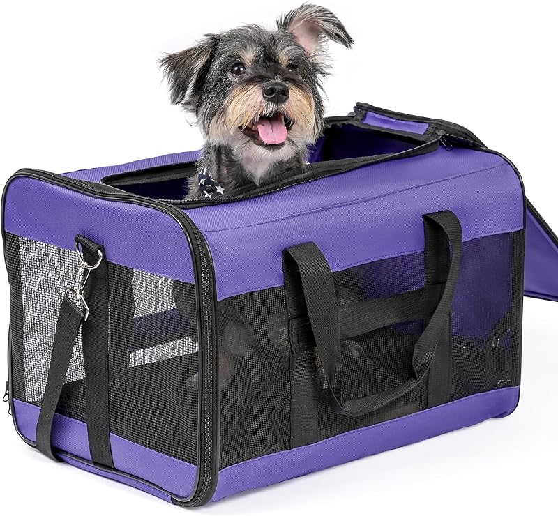 Dog Carrier Soft Sided, Large Cat Carrier with Inner Safety Leash, Pet Transport Carrier for Large Cats and Medium Dogs up to 20 Lbs, Collapsible Travel Puppy Carrier Bag -Purple L | with Inner Safety Leash, Pet Transport Carrier for Large Cats and Medium Dog, Collapsible Puppy Carrier Bag