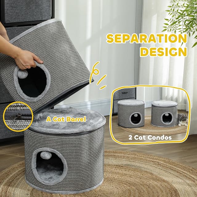 Foto 3 de 8 de Pawhut - Torre para Gato modulable, Barril rascador Gato con Cremallera Separable 3 Niveles, Dos Bolas, Cueva…