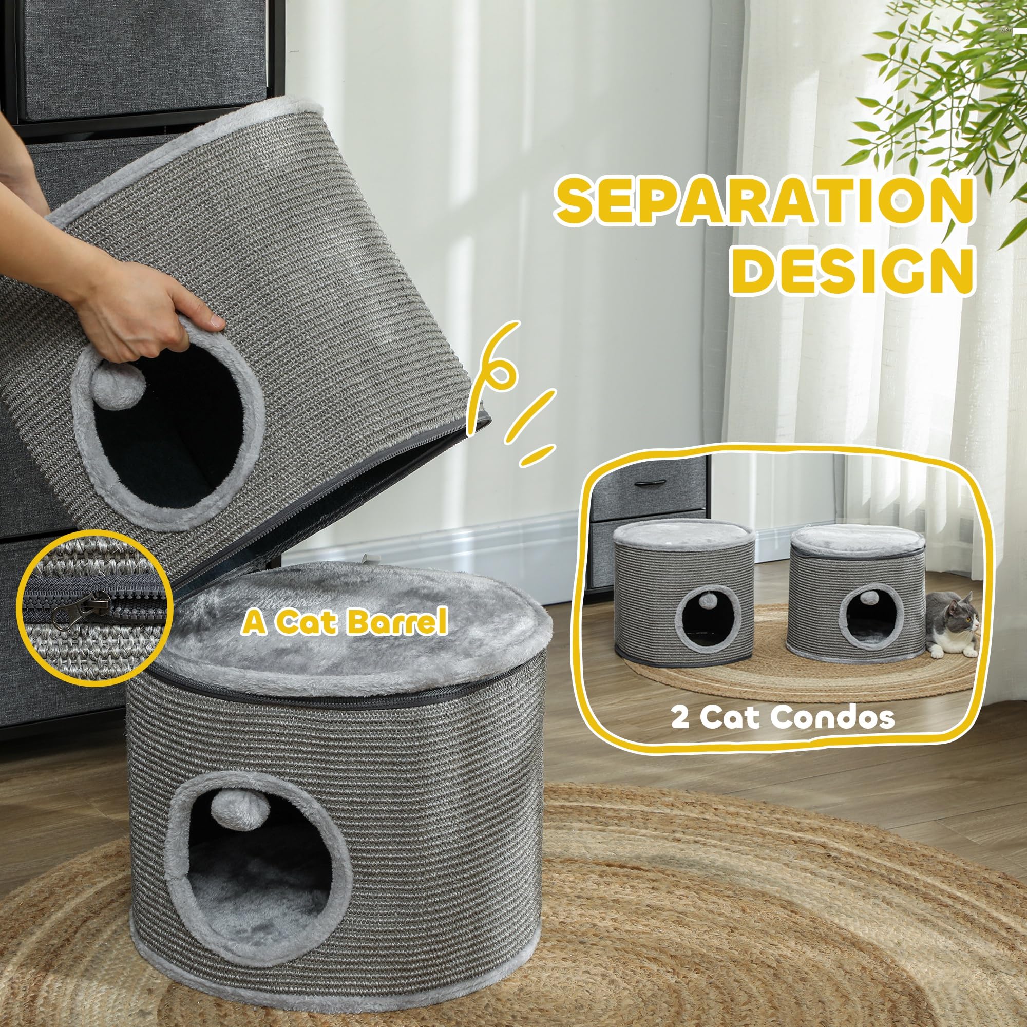 Pawhut - Torre para Gato modulable, Barril rascador Gato con Cremallera Separable 3 Niveles, Dos Bolas, Cueva para escondite, Altura 69 cm, Gris | Cremallera separable, dos bolas, cueva para gatos, escondite, cabaña rascador de gato