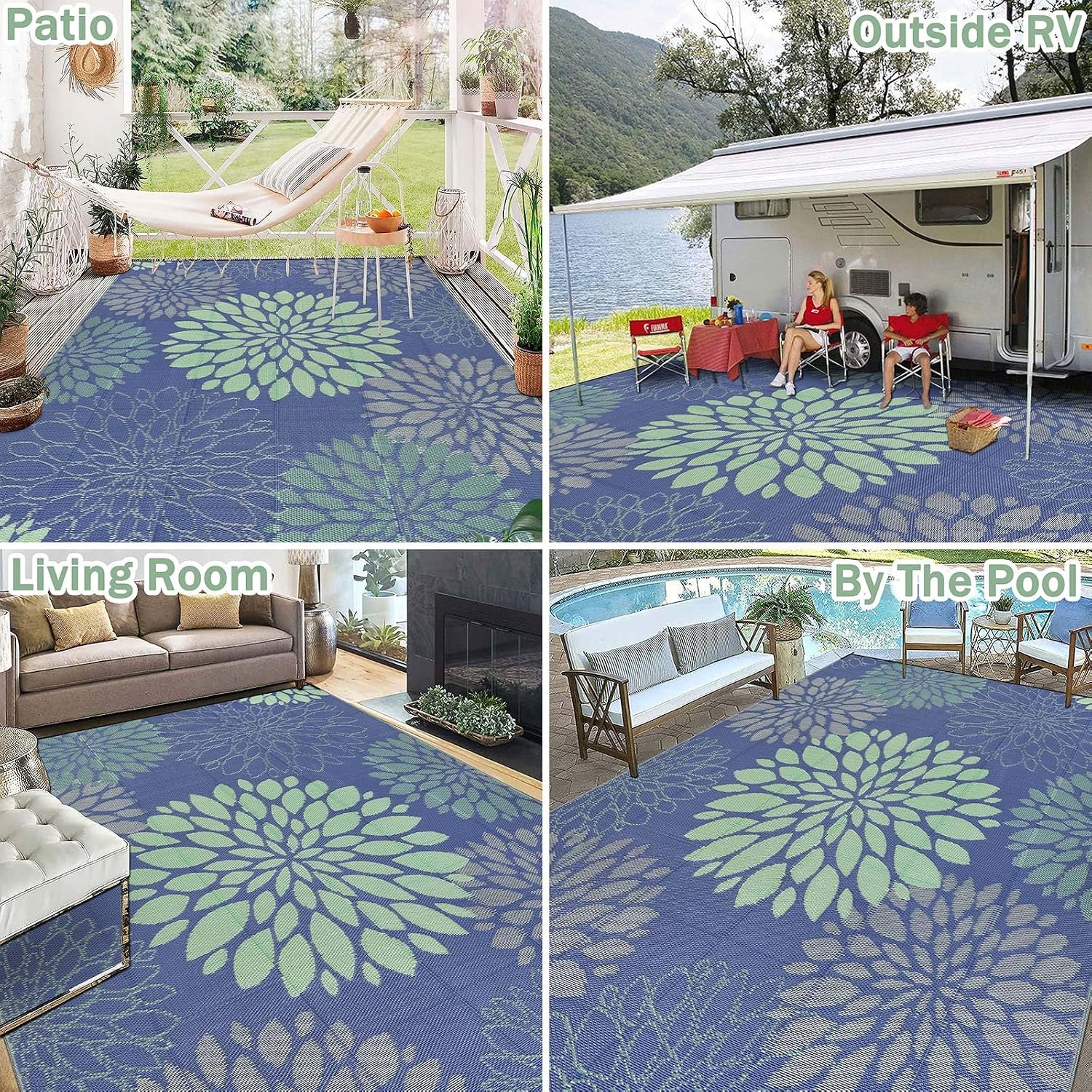 Ileading Waterproof Outdoor Rug 8x10, Reversible Plastic Straw Patio Rug, Portable Indoor Outdoor RV Camping Mat Carpet for Deck, Porch, Balcony, Backyard, Picnic, Floral Navy Blue