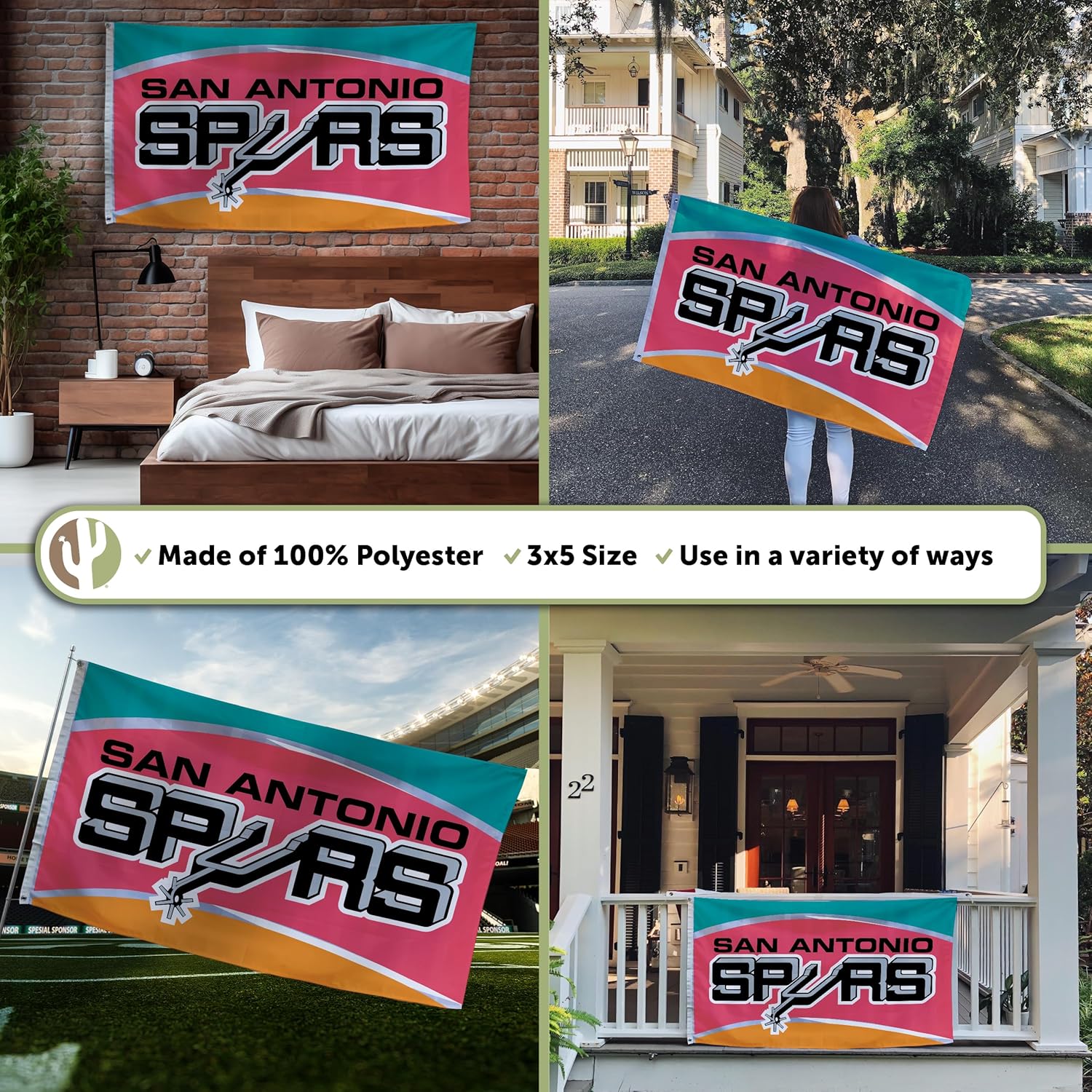 Desert Cactus San Antonio Spurs Flag NBA 100% Polyester Indoor Outdoor 3x5 feet National Basketball Association Team Flags (Vintage Flag A)