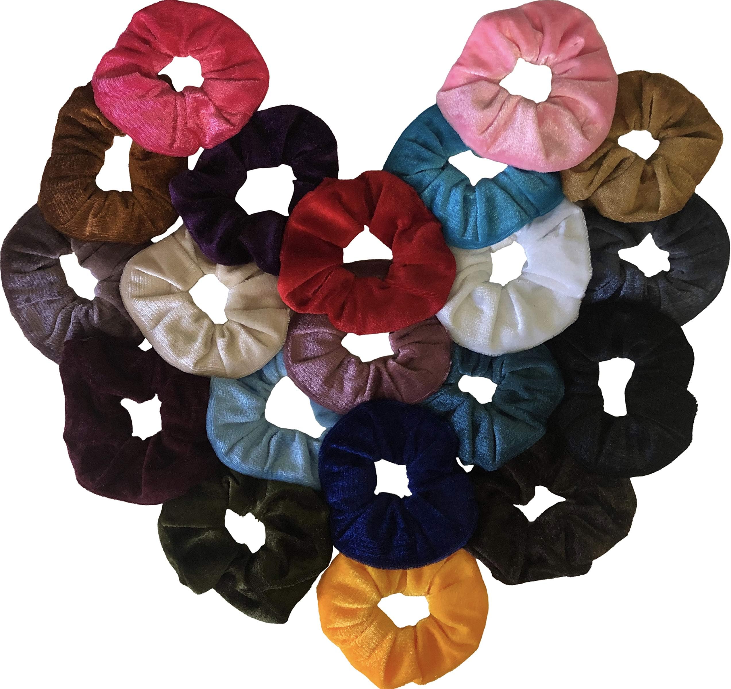 Velvet Hair Scrunchies by Shop Fuzzy Love - Beauty Styling Band Accessories with Assorted Cute Fabric and Wide Elastic Ties for Thick Ponytail - 20 Color Pack - Ouchless, Large and Washable Holder Set