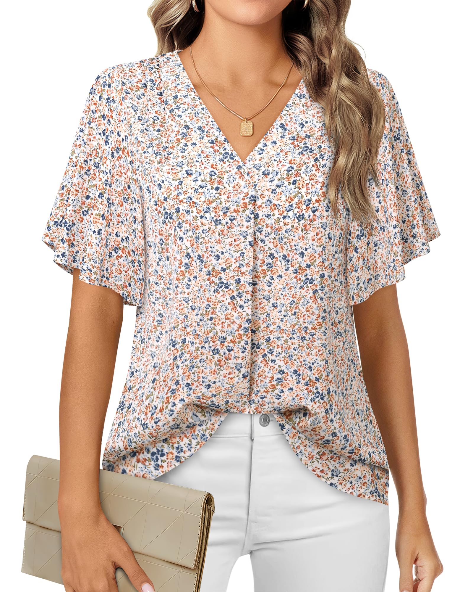 Timeson Women's V Neck Chiffon Blouse Ruffle Sleeve Professional Work Shirts Stylish and Comfortable 