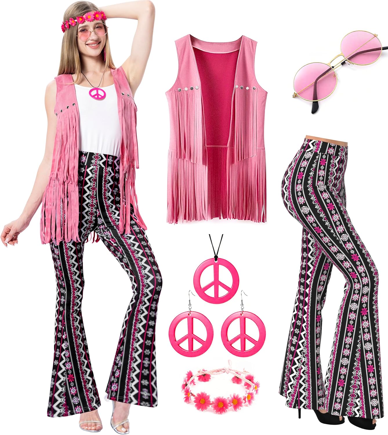 MOLLDAN Women’s 60S 70S Outfits Hippie Costume Retro Peace Sign Fringe Vest Flared Pants Set for Halloween Party