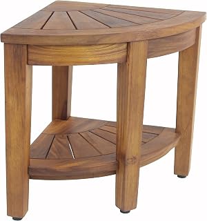AquaTeak Kai 15.5" Corner Teak Shower Bench with Storage Shelf - Durable Water-Resistant Stool for Bathroom, Shaving, Indoor/Outdoor
