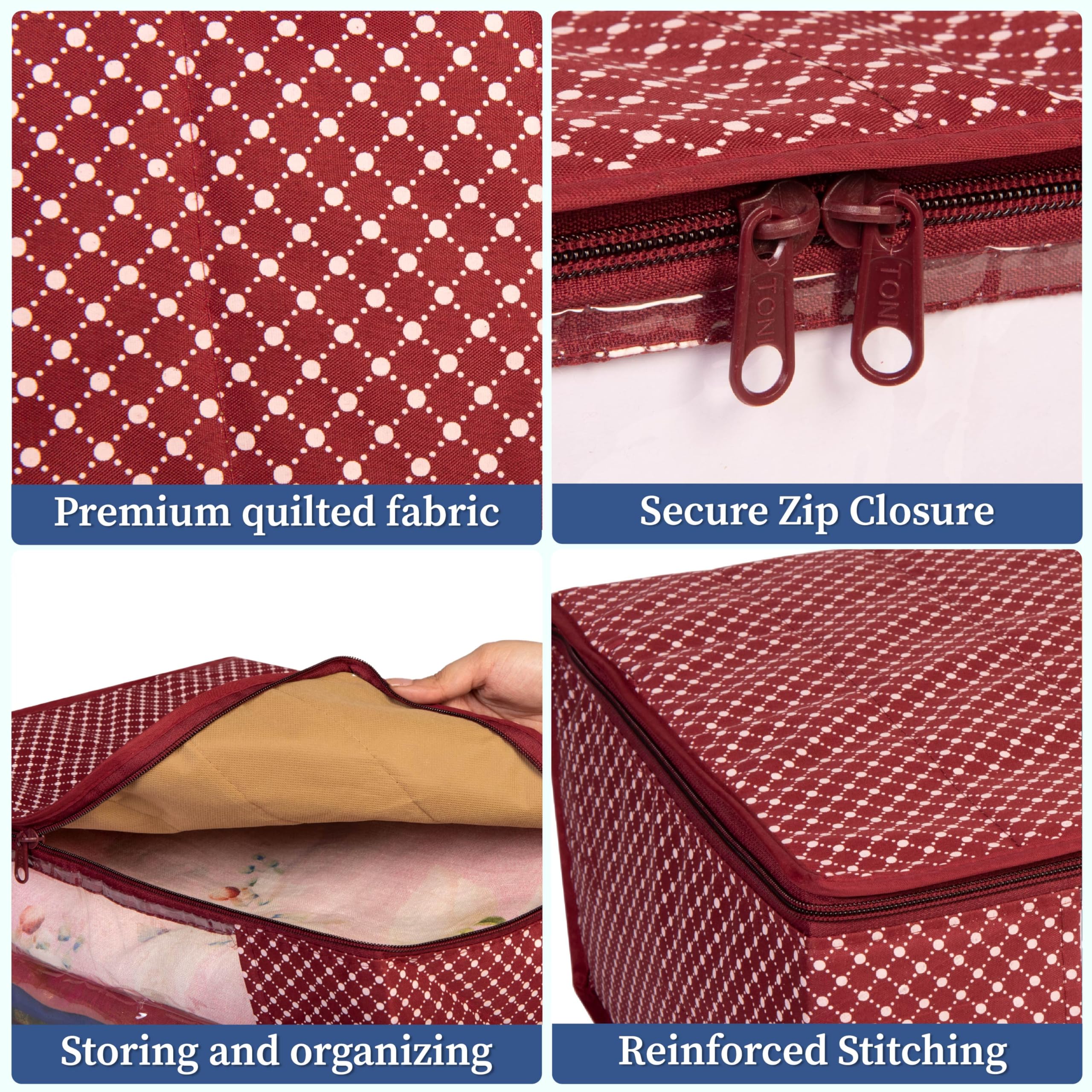 Homestrap Cotton Quilted Large Saree Cover Bag/Wardrobe Organiser with Transparent Window - Maroon - Pack Of 2 4