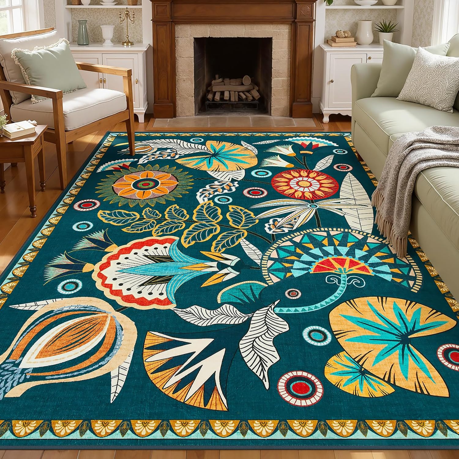 Joydeco Egypt Floral Machine Washable Living Room Area Rugs 5x7, Boho Vintage Dark Green Rug for Bedroom Nursery, Non Slip Ultra-Thin Throw Carpet for Playroom Dining Room Classroom