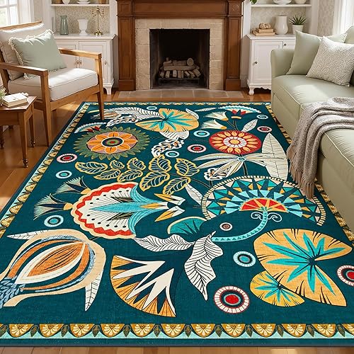 Joydeco Egypt Floral Boho 6x9 Rug for Living Room, Dark Green Washable Bedroom Dining Room Rugs for Under Table, Non Slip Vintage Indoor Throw Carpet for Playroom Nursery Dorm Classroom, Dark Green